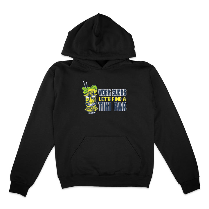 Black hoodie with a tiki bar graphic and text on a white background