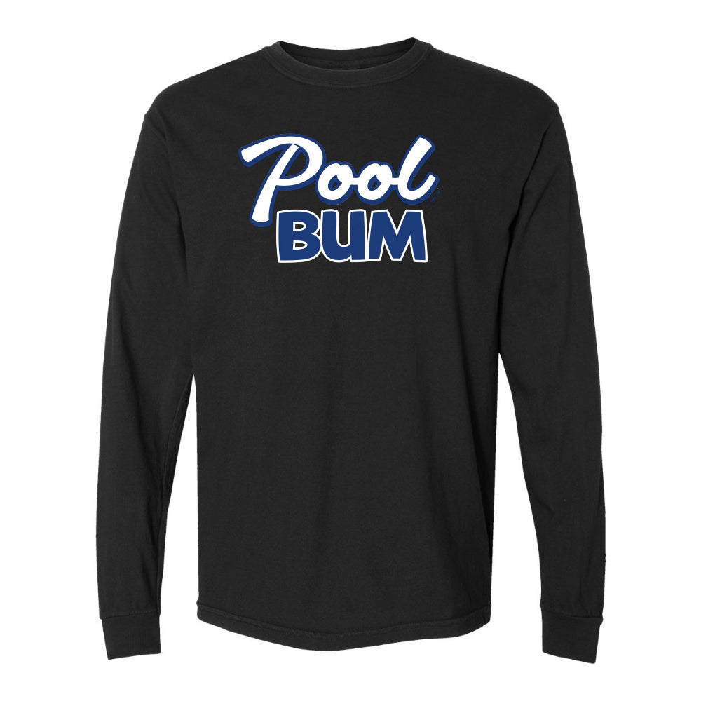 Black long-sleeve shirt with 'Pool Bum' text in blue and white on a white background