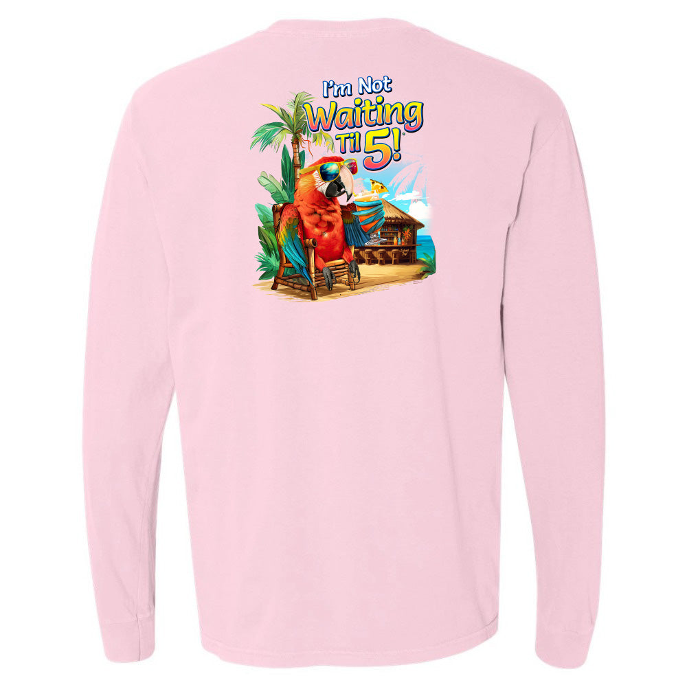 Pink long-sleeve shirt with a tropical graphic and text on the back
