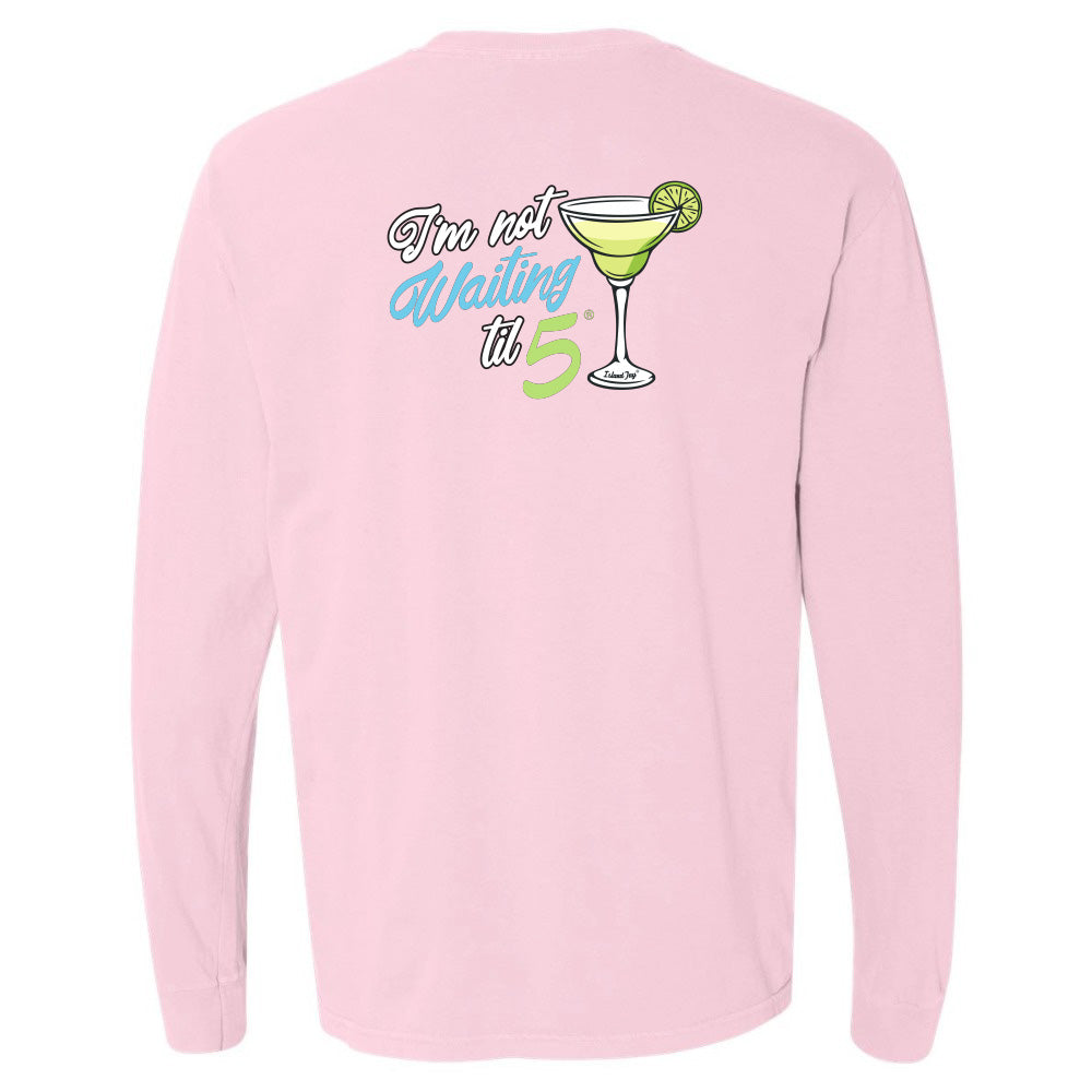 Pink long-sleeve shirt with a cocktail graphic and text on a white background