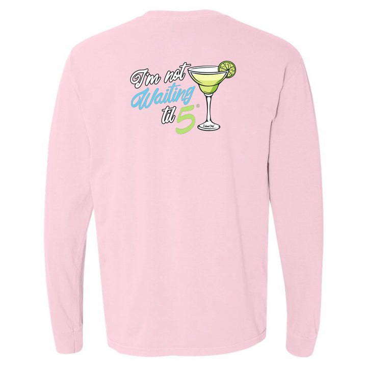 Pink long-sleeve shirt with a cocktail graphic and text on a white background