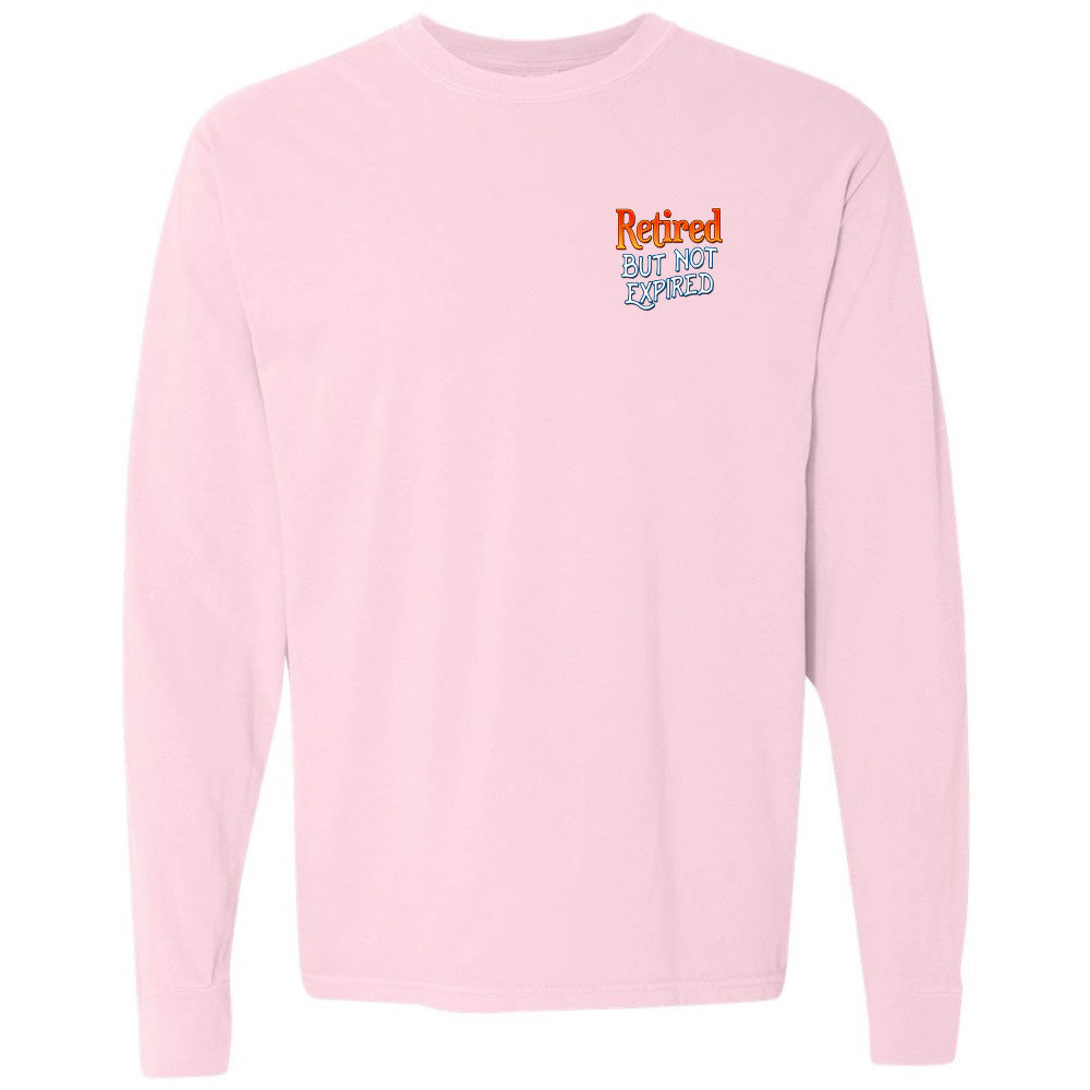 Pink long-sleeve shirt with text on a white background