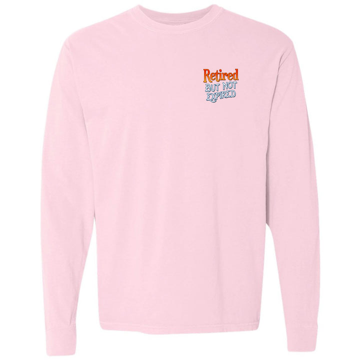 Pink long-sleeve shirt with text on a white background