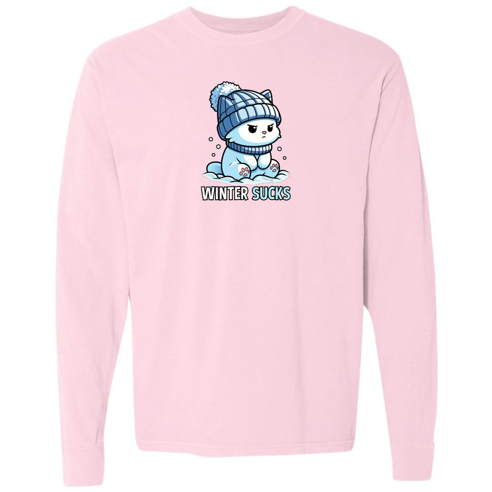 Pink sweatshirt with a cartoon character and 'Winter Sucks' text on a white background