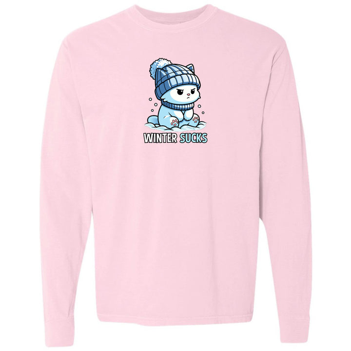 Pink sweatshirt with a cartoon character and 'Winter Sucks' text on a white background