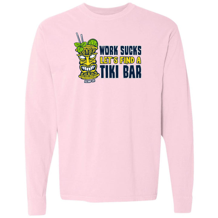 Pink sweatshirt with a tiki mug graphic and text on a white background