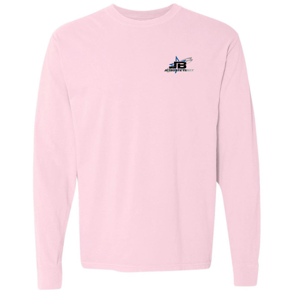 Pink long-sleeve shirt with a logo on the chest against a white background