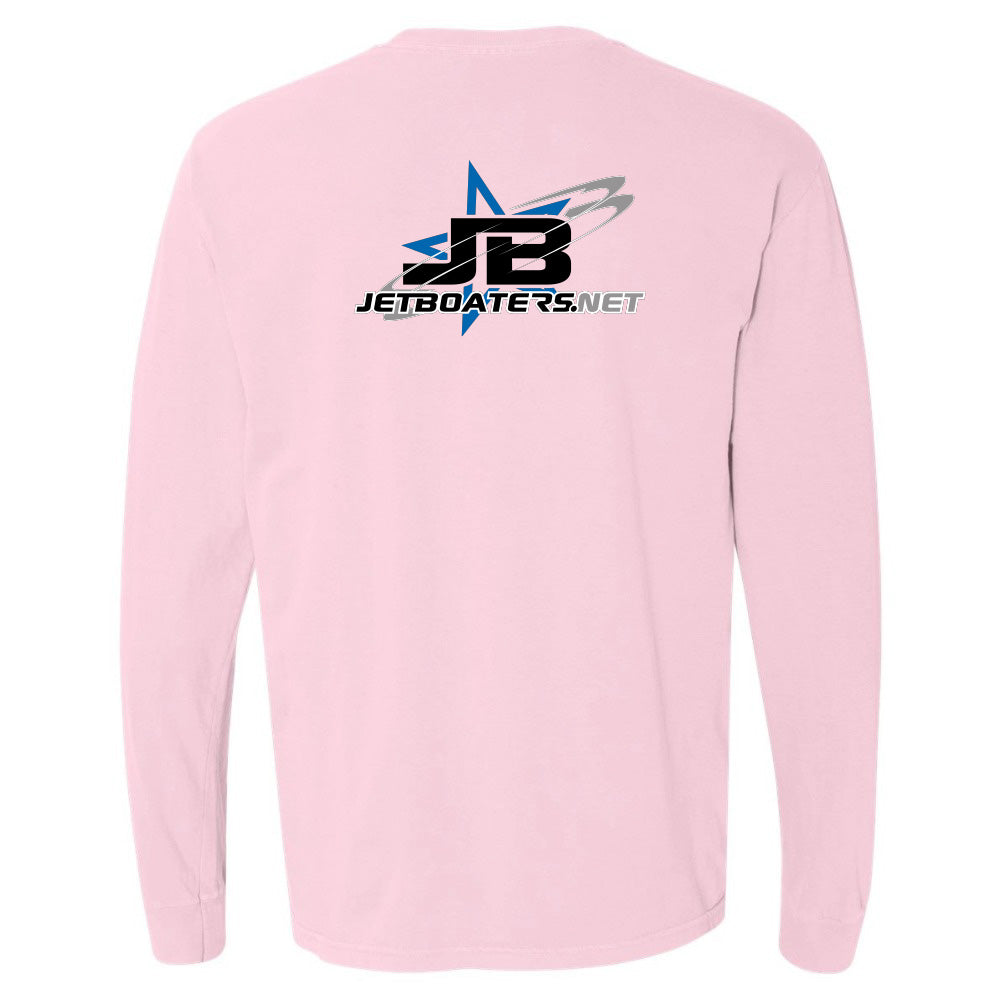Pink long-sleeve shirt with JB logo on the back against a white background