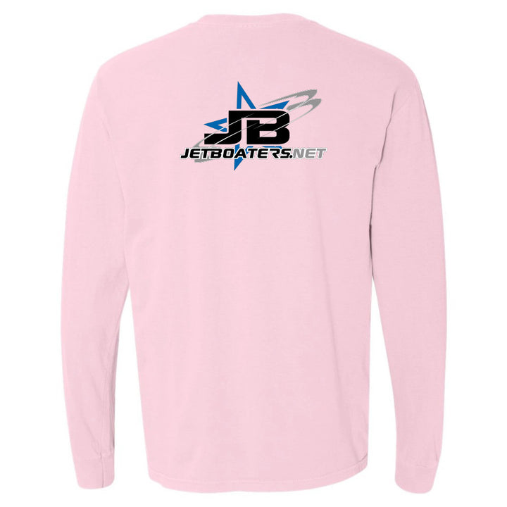 Pink long-sleeve shirt with JB logo on the back against a white background