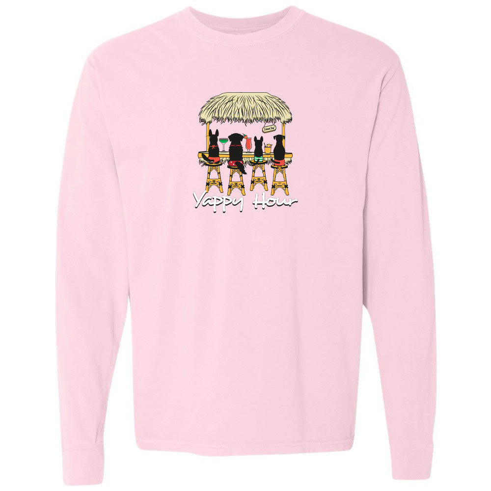 Pink sweatshirt with a graphic of dogs at a tiki bar and 'Happy Hour' text on a white background