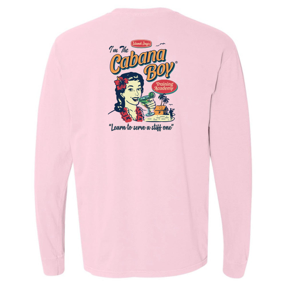 Pink long-sleeve shirt with 'I'm the Cabana Boy' graphic on a white background