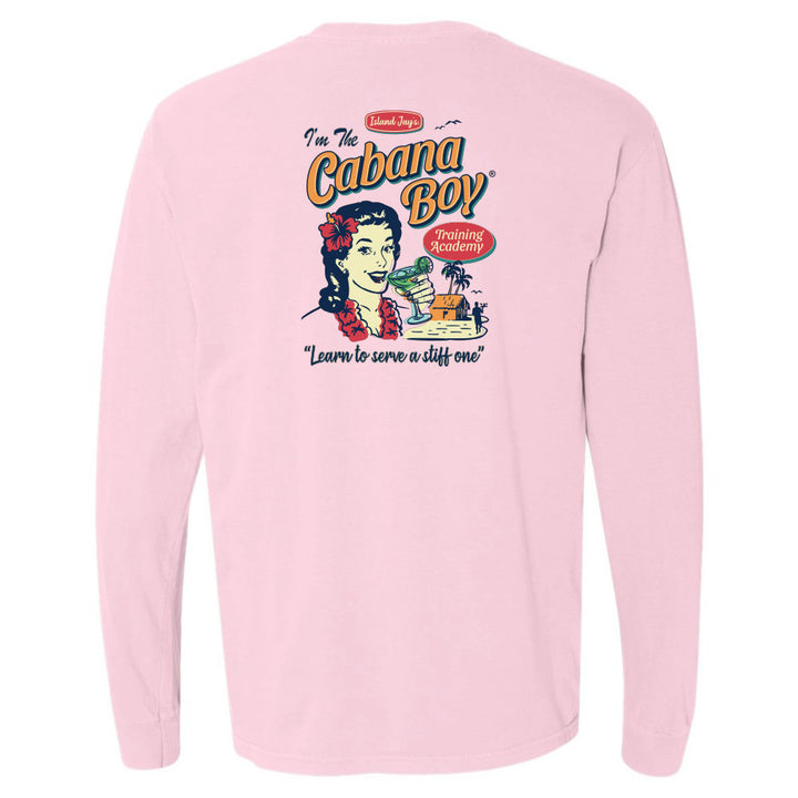 Pink long-sleeve shirt with 'I'm the Cabana Boy' graphic on a white background