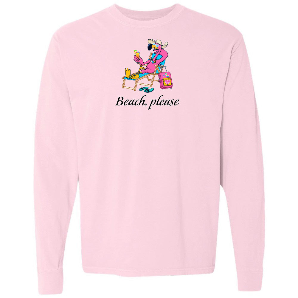 Pink sweatshirt with a graphic of a person at the beach and 'Beach, please' text on a white background.