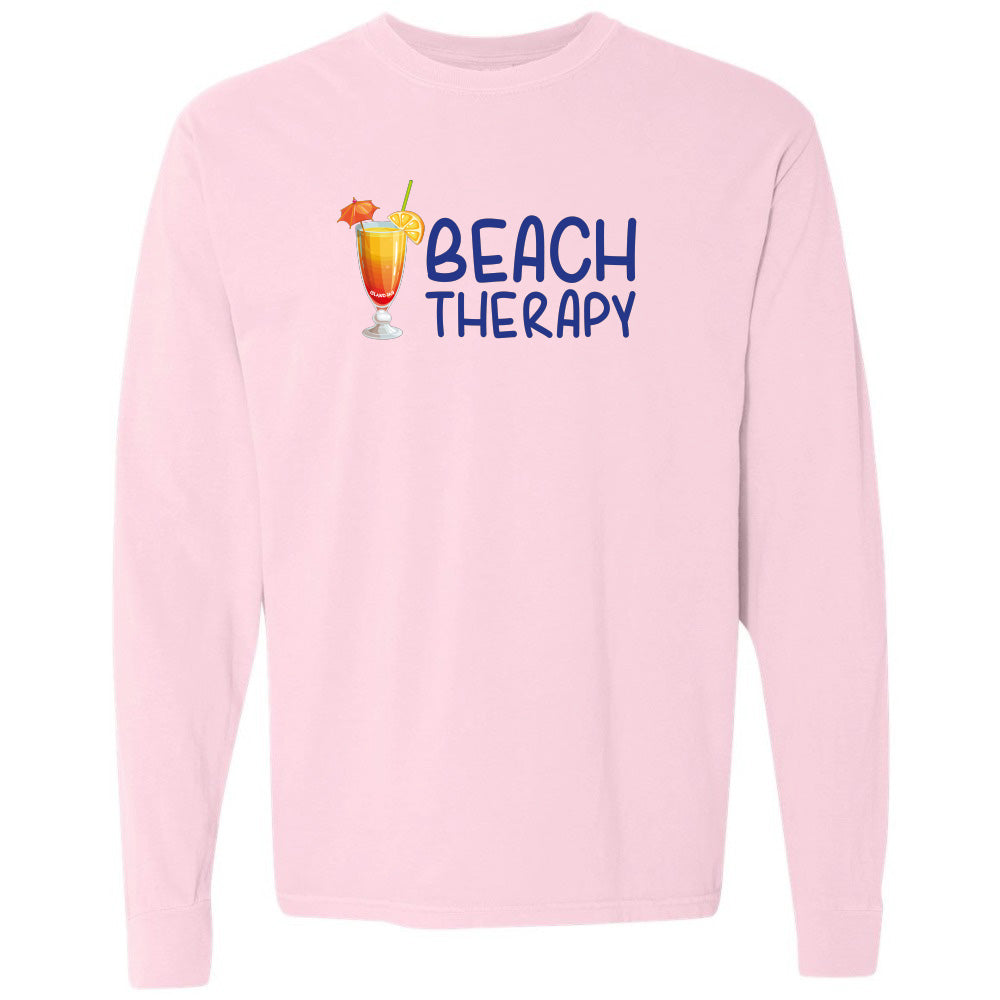 Pink sweatshirt with 'Beach Therapy' text and cocktail graphic on a white background