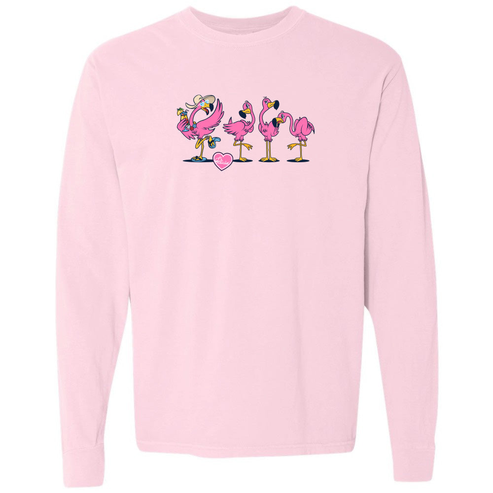 Pink sweatshirt with cartoon flamingos design on a white background