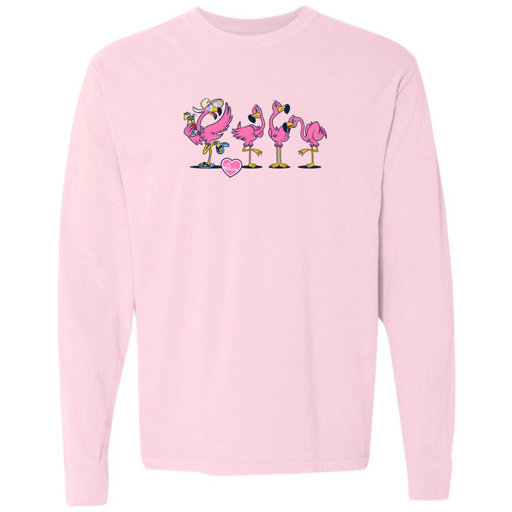 Pink sweatshirt with cartoon flamingos design on a white background