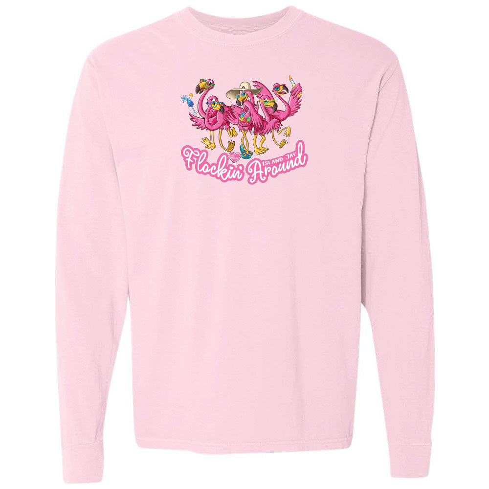 Pink sweatshirt with flamingo design and text on a white background