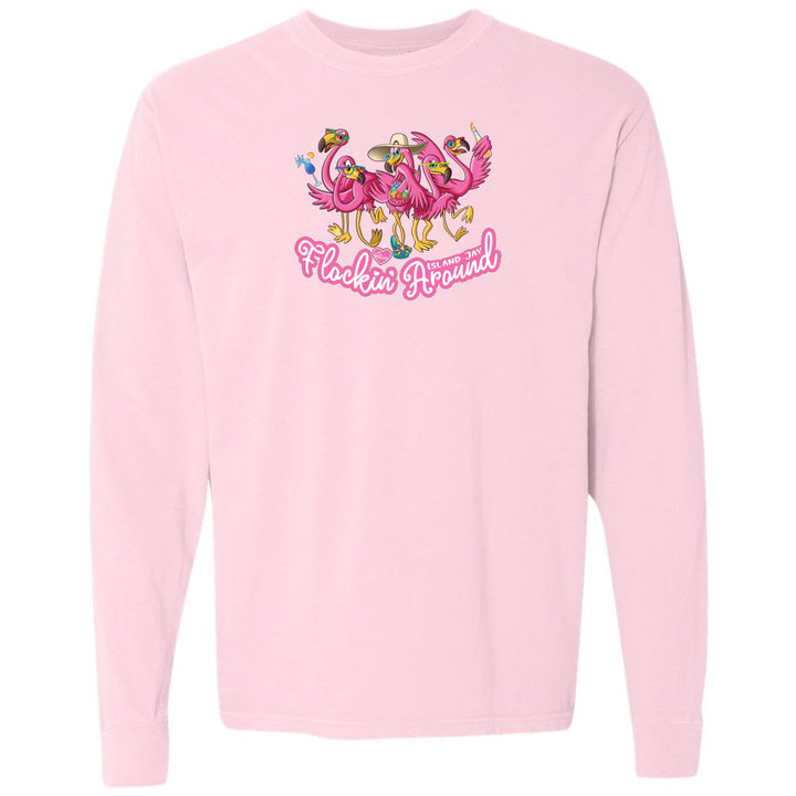 Pink sweatshirt with flamingo design and text on a white background