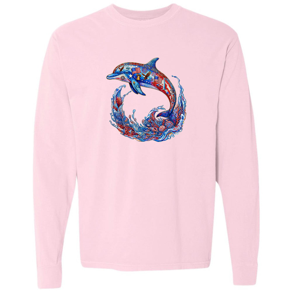 Pink sweatshirt with a colorful dolphin design on a white background