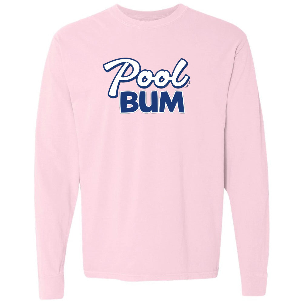 Pink sweatshirt with 'Pool Bum' text in blue on a white background