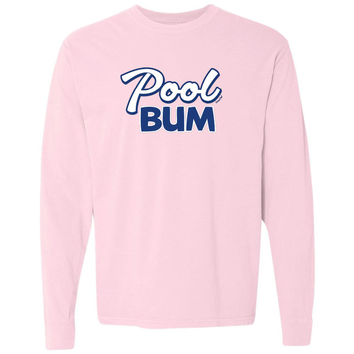 Pink sweatshirt with 'Pool Bum' text in blue on a white background