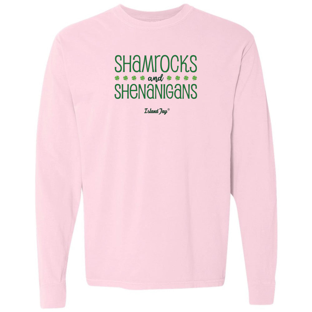 Pink sweatshirt with 'Shamrocks and Shenanigans' text on a white background