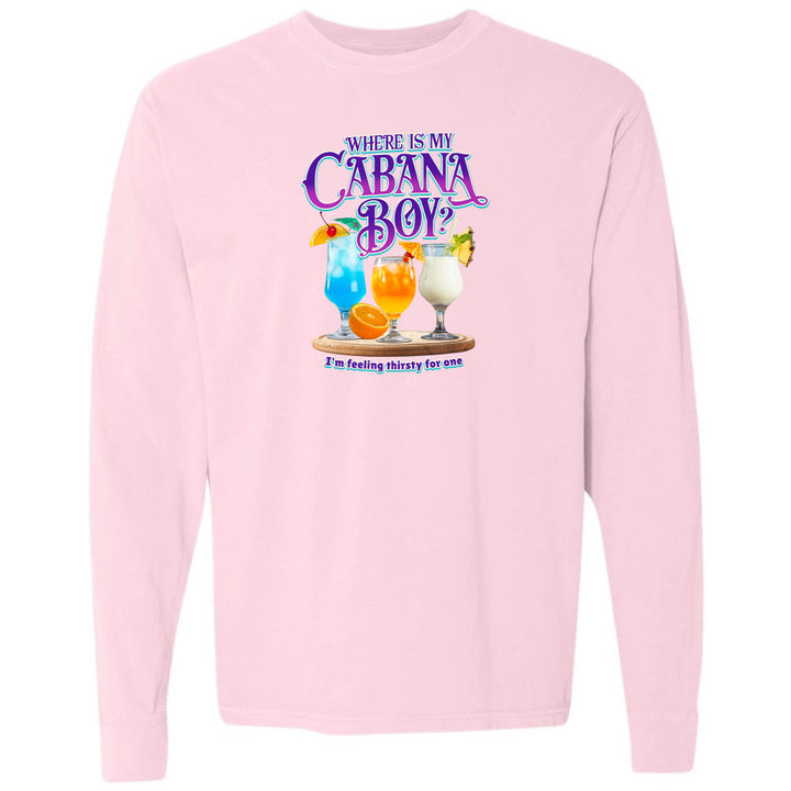Pink sweatshirt with tropical drink graphic and text on a white background