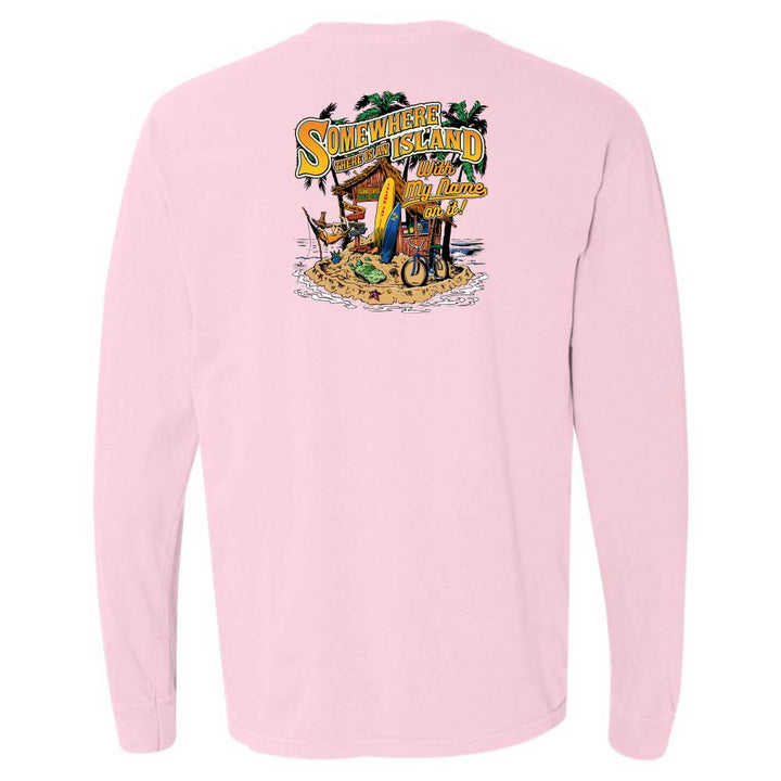 Pink long-sleeve shirt with a tropical island graphic on the back