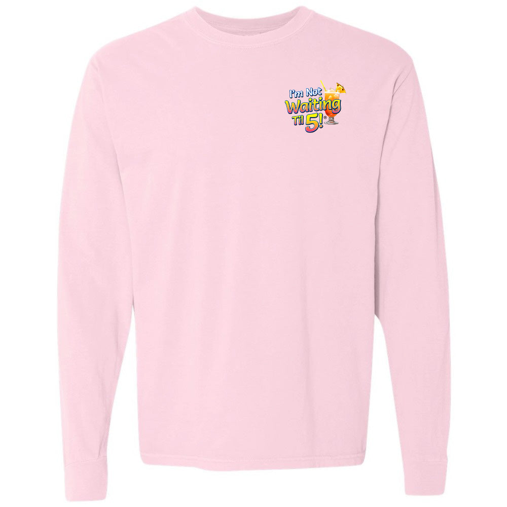 Pink long-sleeve shirt with colorful graphic on a white background