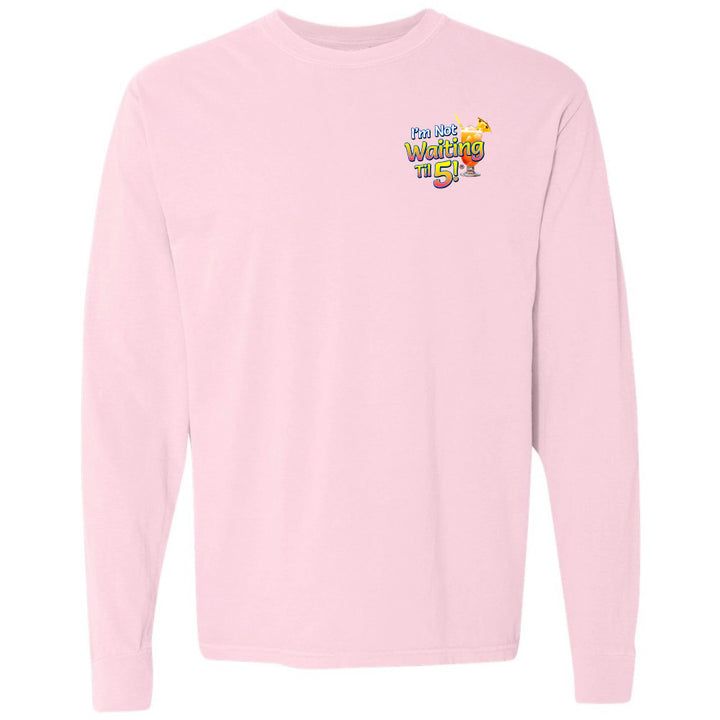 Pink long-sleeve shirt with colorful graphic on a white background