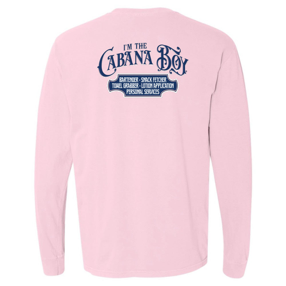 Pink long-sleeve shirt with blue text on the back on a white background