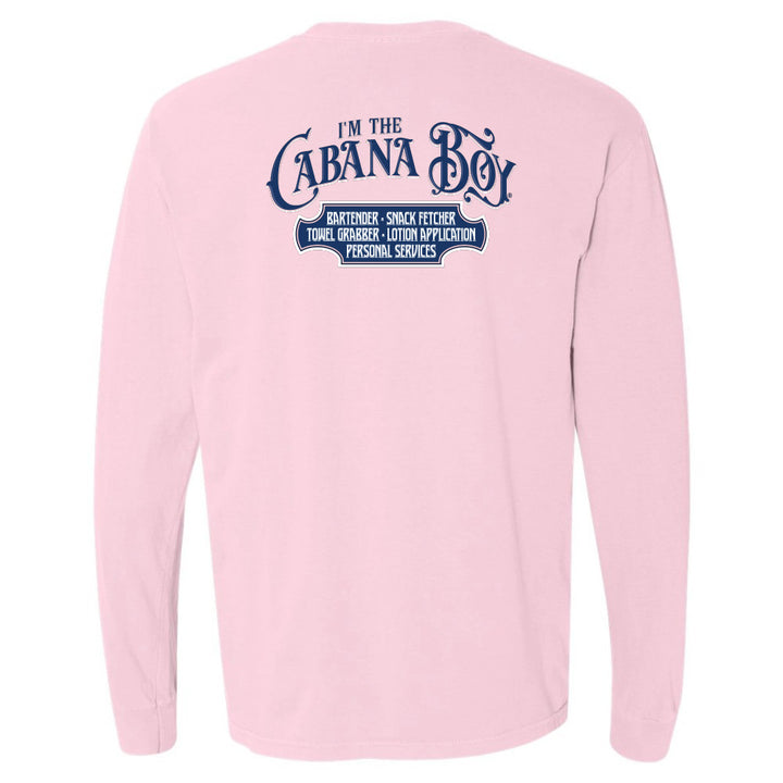 Pink long-sleeve shirt with blue text on the back on a white background