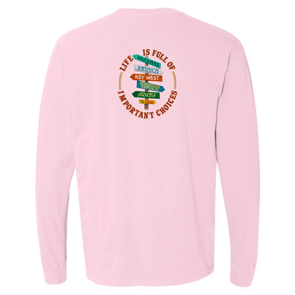 Pink long-sleeve shirt with colorful text design on the back 