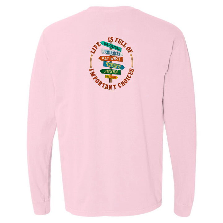 Pink long-sleeve shirt with colorful text design on the back 