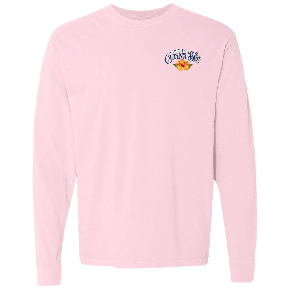 Pink long-sleeve shirt with a logo and text on a white background