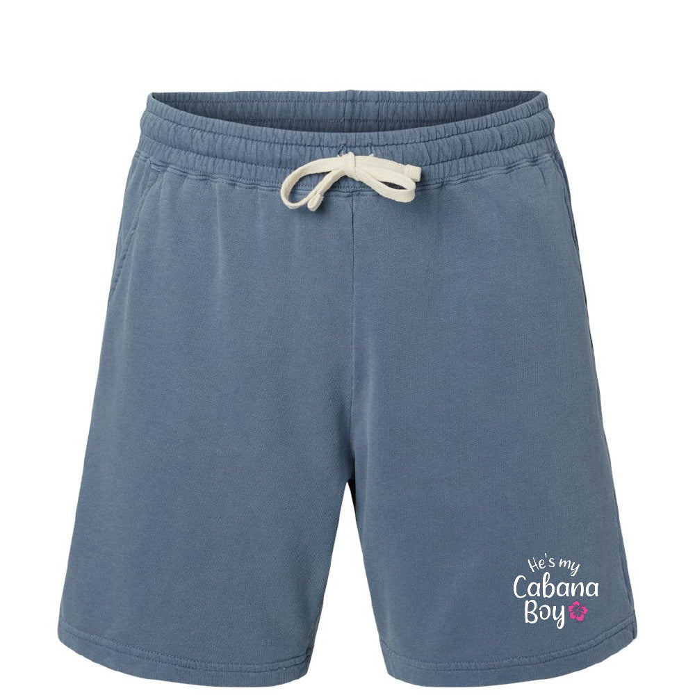 Blue shorts with a drawstring and 'He's my Cabana Boy' text on a white background