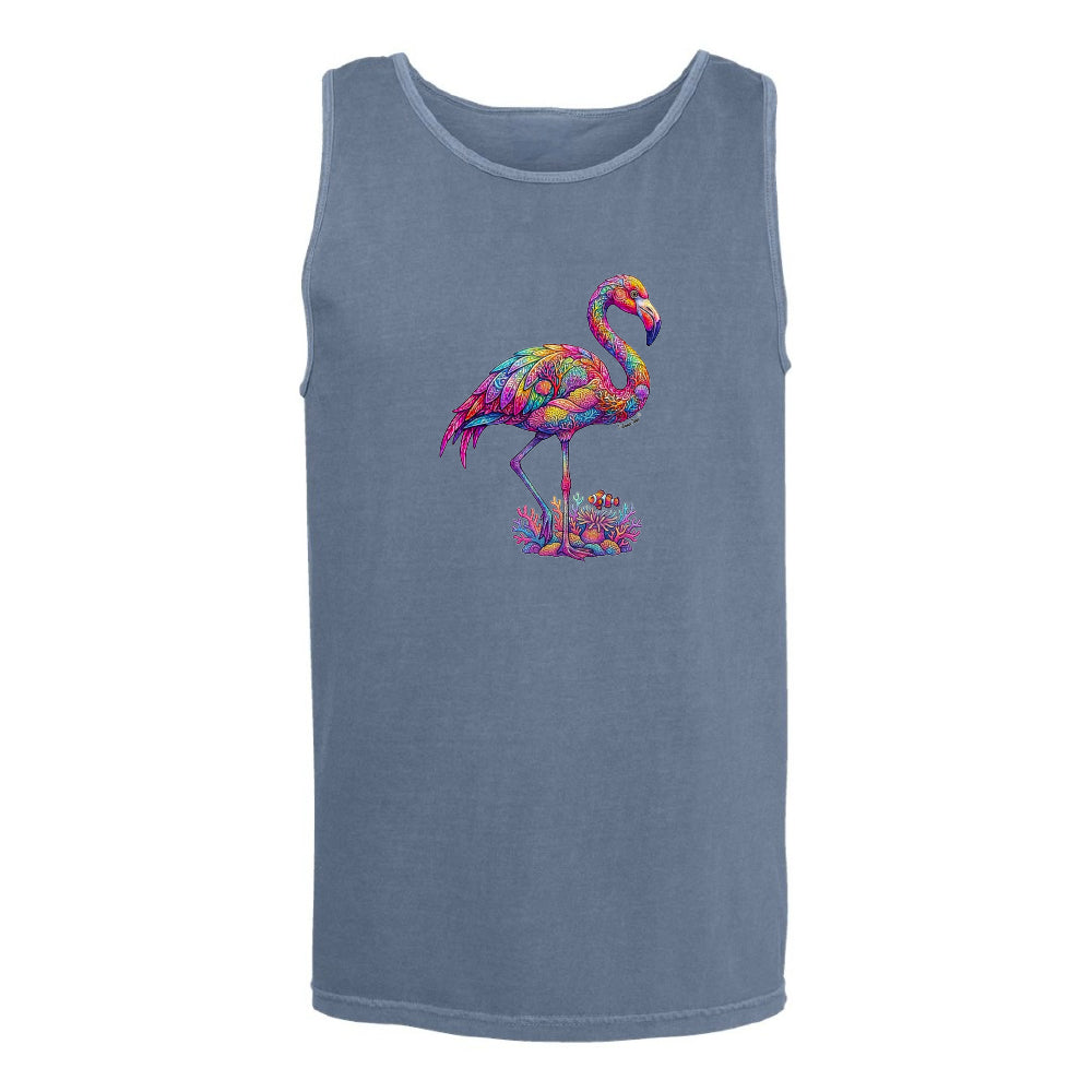 Blue tank top with a colorful flamingo design on a white background