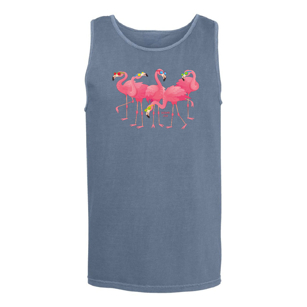 Blue tank top with pink flamingo design on a white background