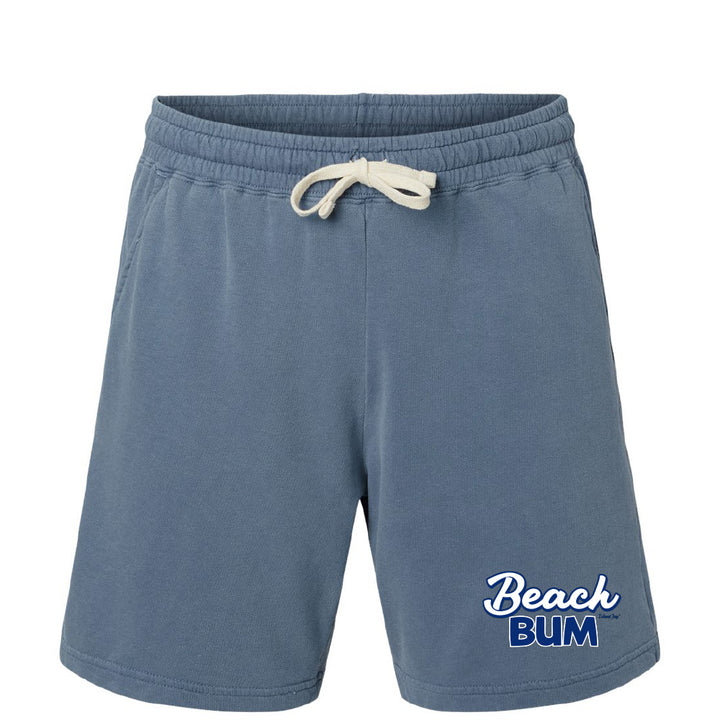Blue shorts with a white drawstring and 'Beach Bum' text on a white background