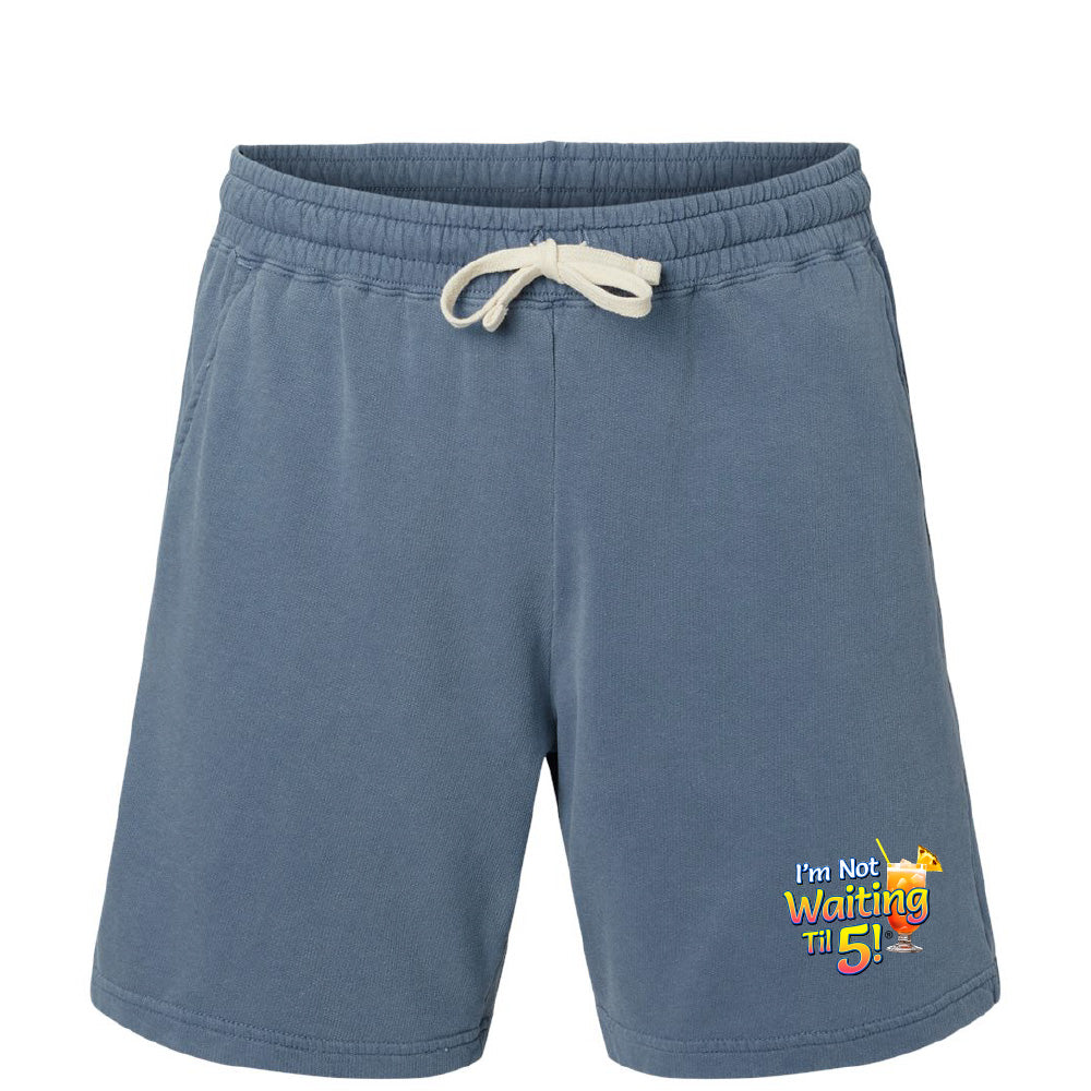 Blue shorts with a colorful graphic on a white background