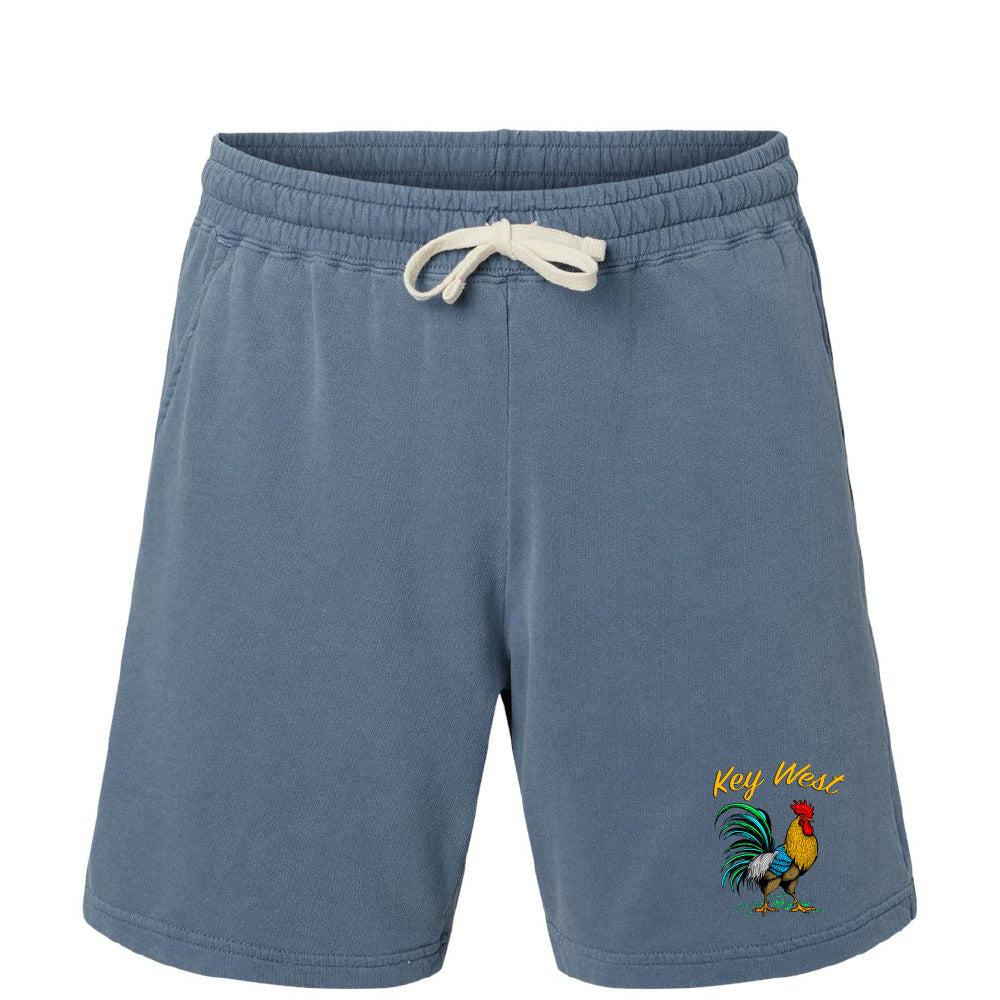 Blue shorts with a rooster graphic and 'Key West' text on a white background
