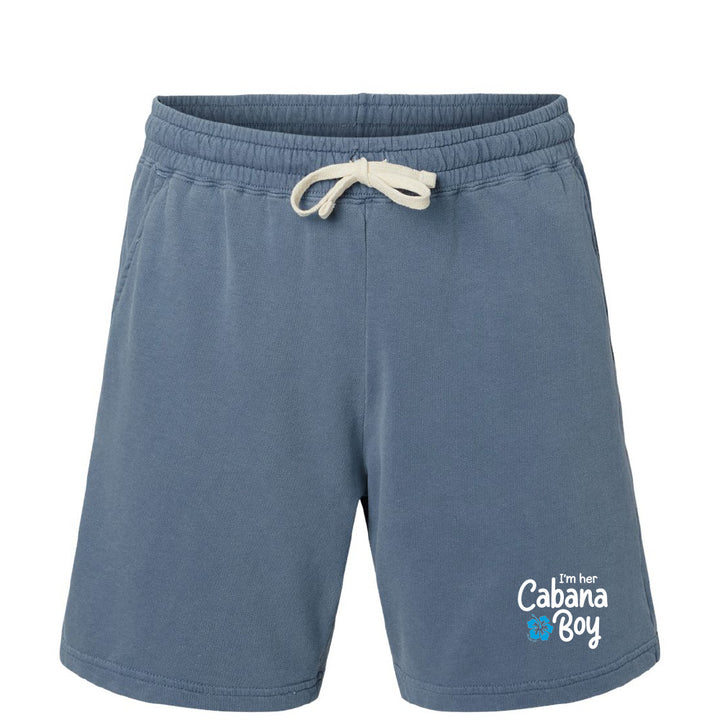 Blue shorts with a white drawstring and 'I'm her Cabana Boy' text on a white background