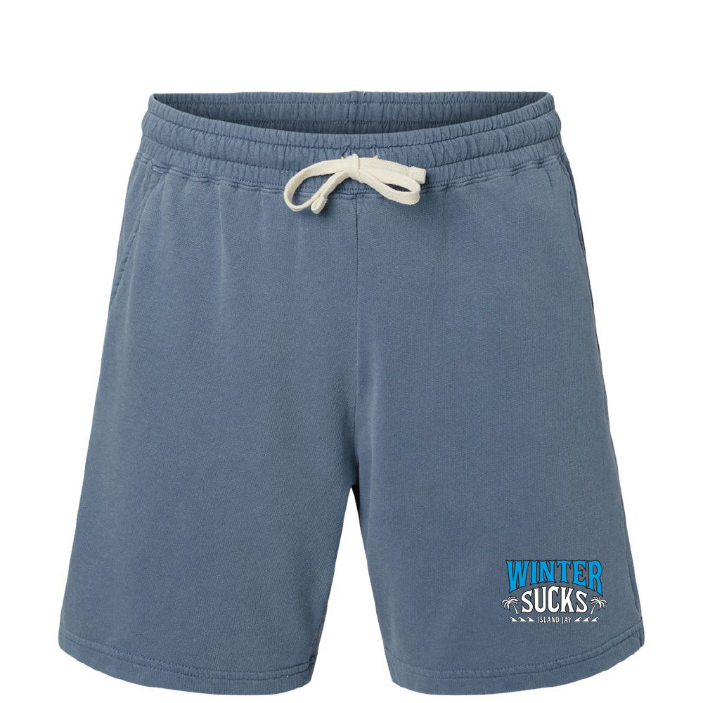 Blue shorts with a white drawstring on a white background