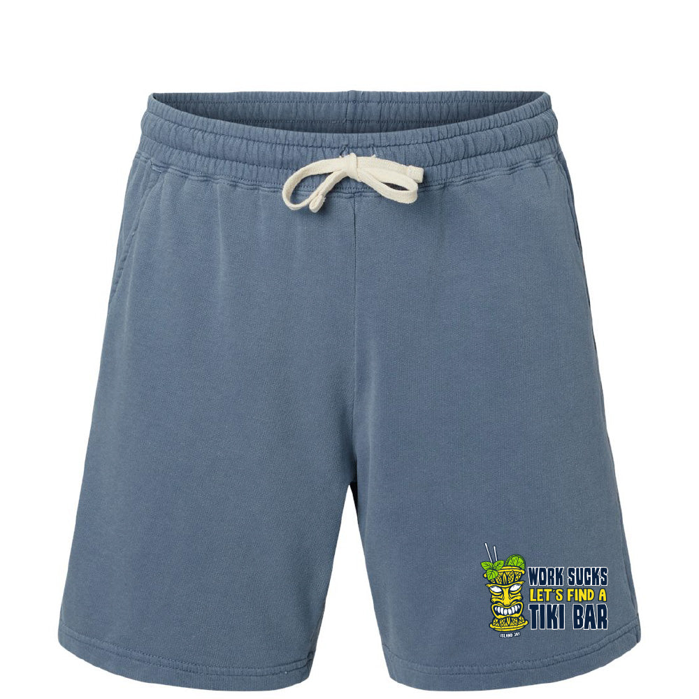 Blue shorts with a graphic and text on a white background