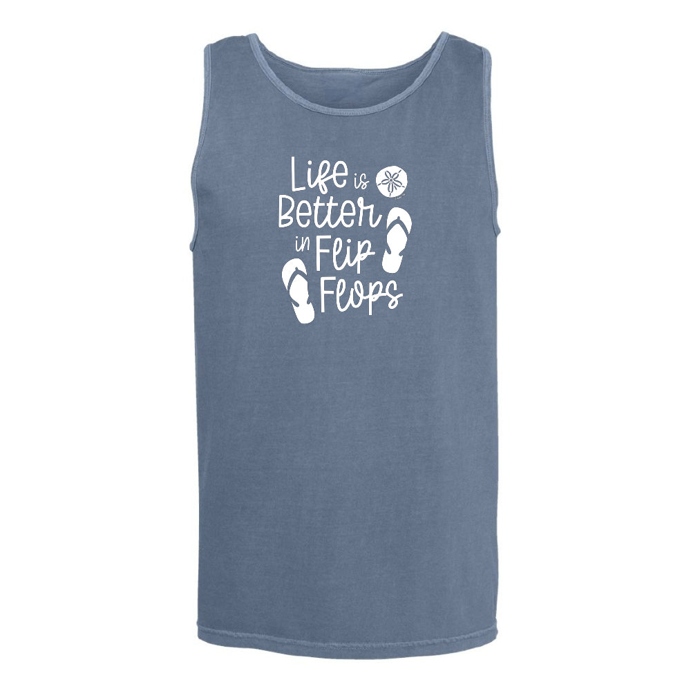 Blue tank top with 'Life is Better in Flip Flops' text and flip flop icons on a white background