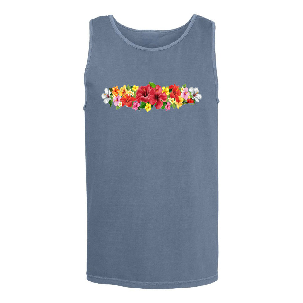 Blue tank top with colorful floral design on a white background
