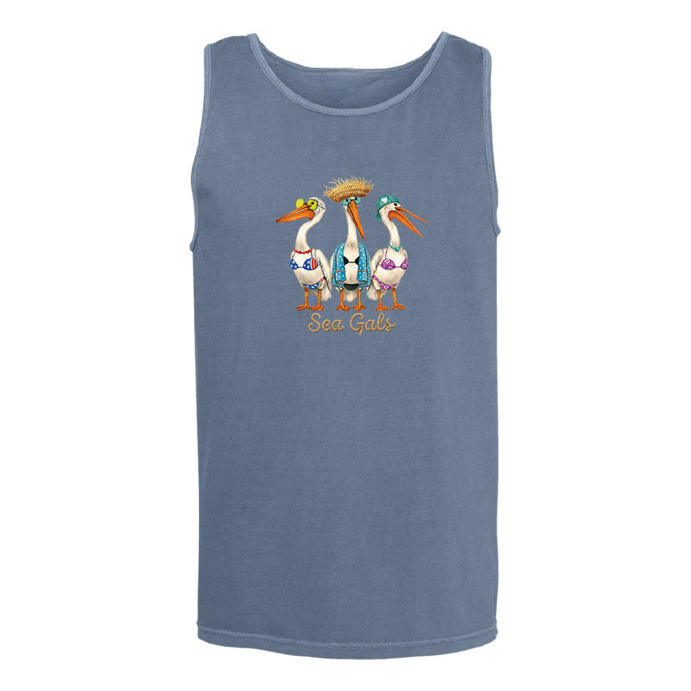 Blue tank top with a graphic of three pelicans and 'Sea Gals' text on a white background