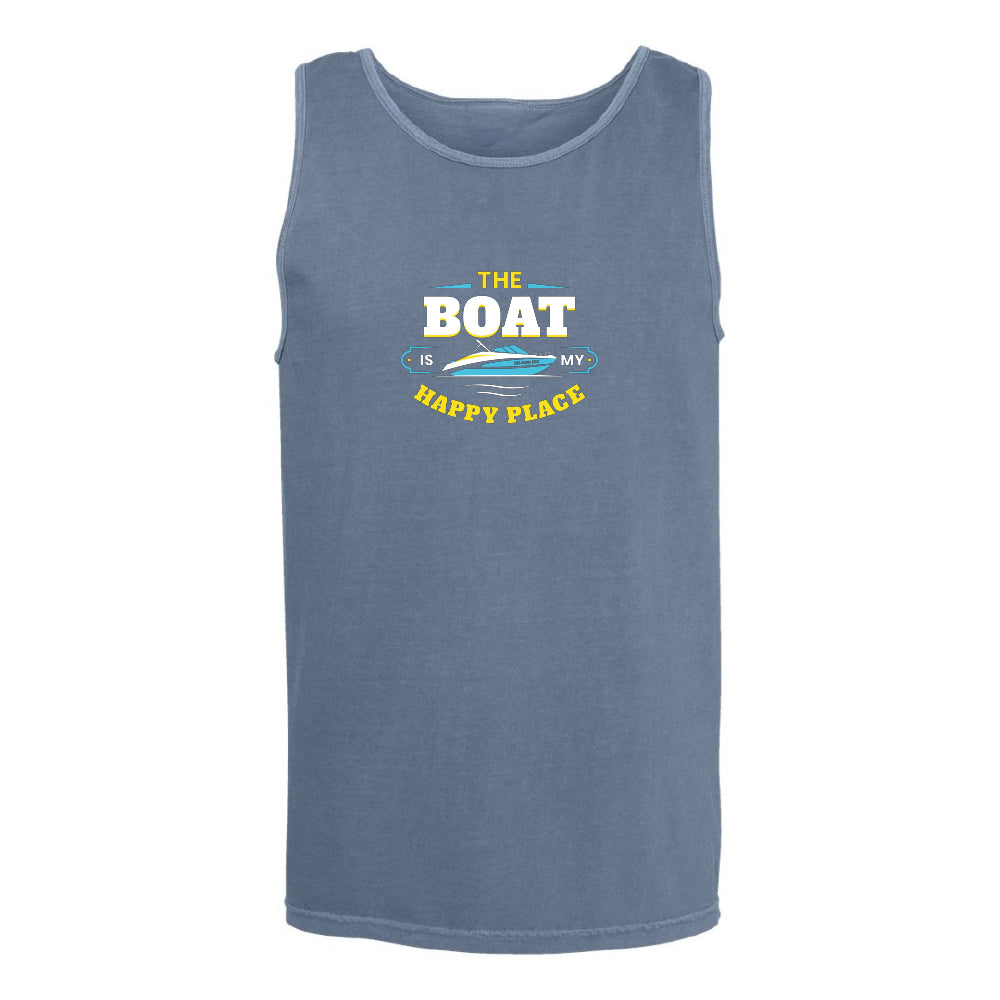Blue tank top with 'The Boat is My Happy Place' text and graphic on a white background