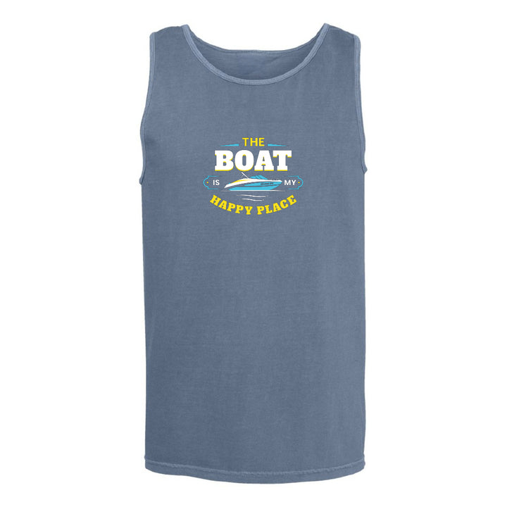 Blue tank top with 'The Boat is My Happy Place' text and graphic on a white background