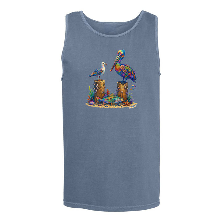 Blue tank top with a colorful pelican design on a white background